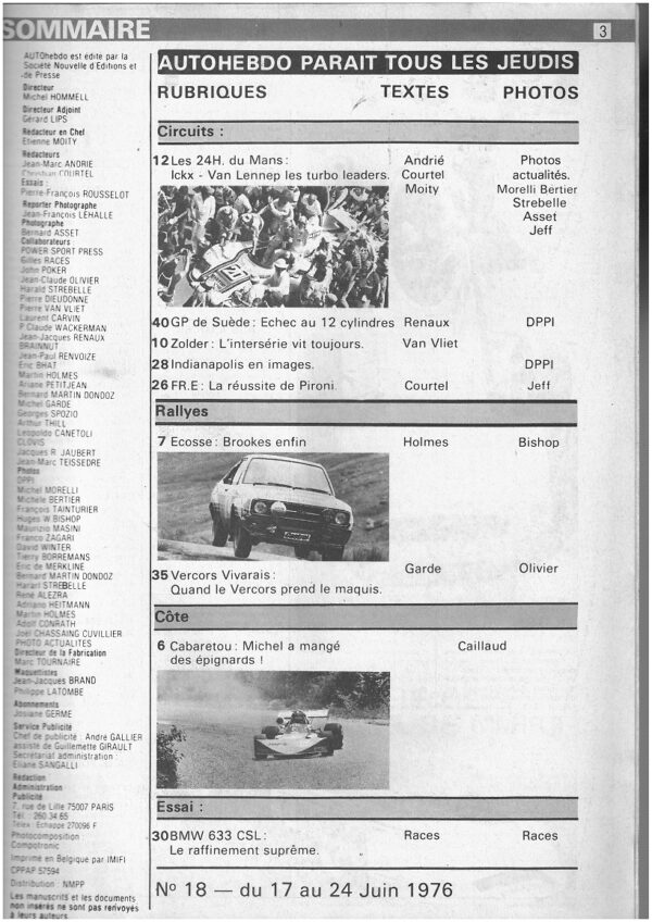 Auto Hebdo N°18 17/06 1976 24h du MANS GP SUEDE BMW 633 CSL – Image 2
