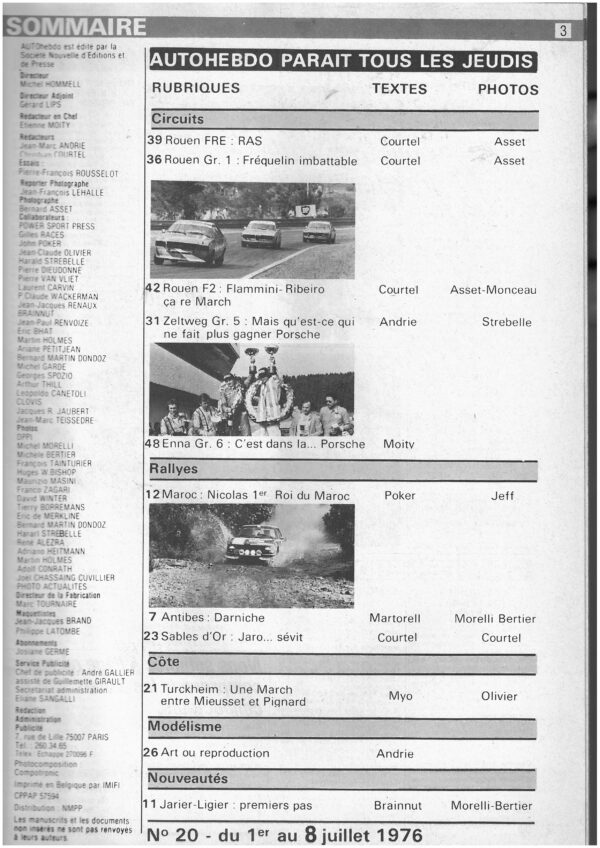 Auto Hebdo N°20 01/07/1976 ROUEN F2 ZELTWEG Gr5 ENNA Gr6 ROUEN FRE-Gr1 ANTIBES – Image 2