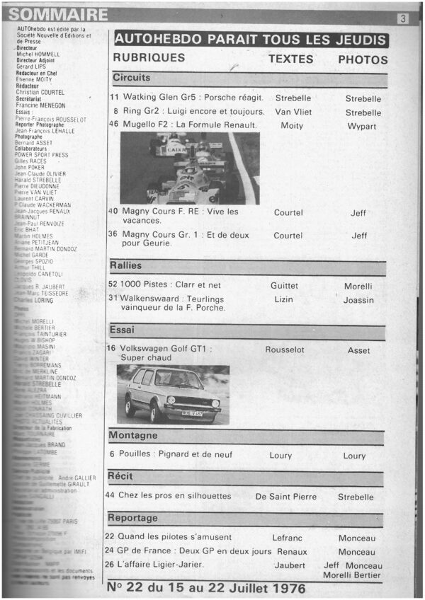 Auto Hebdo N°22 15/07/1976 GP FRANCE GOLF GTI – Image 2