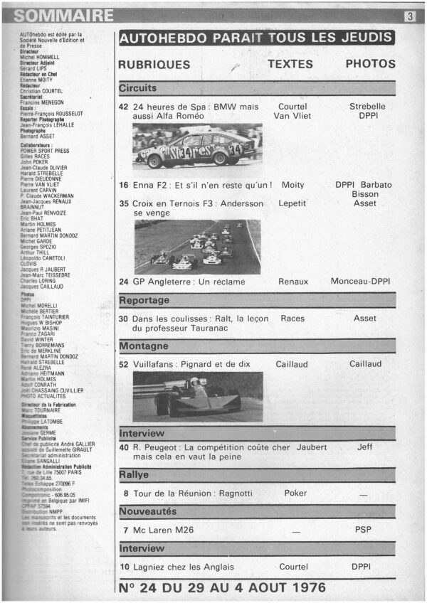 Auto hebdo N°24 29/07/1976 24h de SPA ENNA F2 CROIX F3 – Image 2