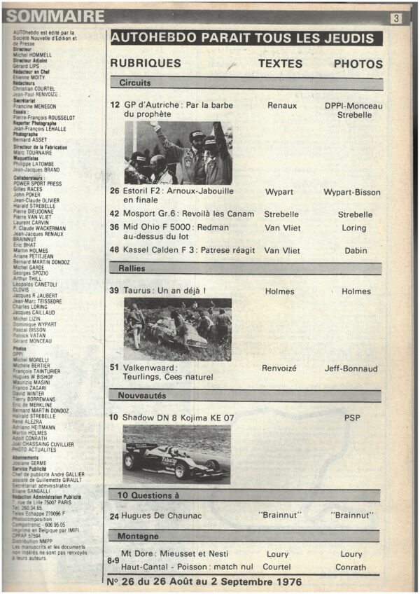 Auto hebdo N°26 26/08/1976 GP AUTRICHE MOSPORT CANAM – Image 2