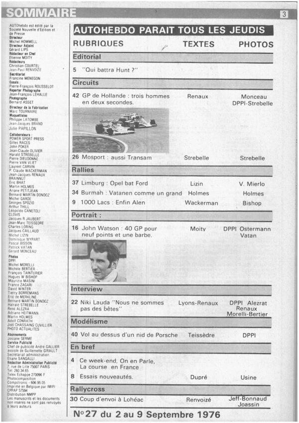 Auto hebdo N°27 du 2 Septembre 1976 GP HOLLANDE 1000 LACS LAUDA WATSON – Image 2