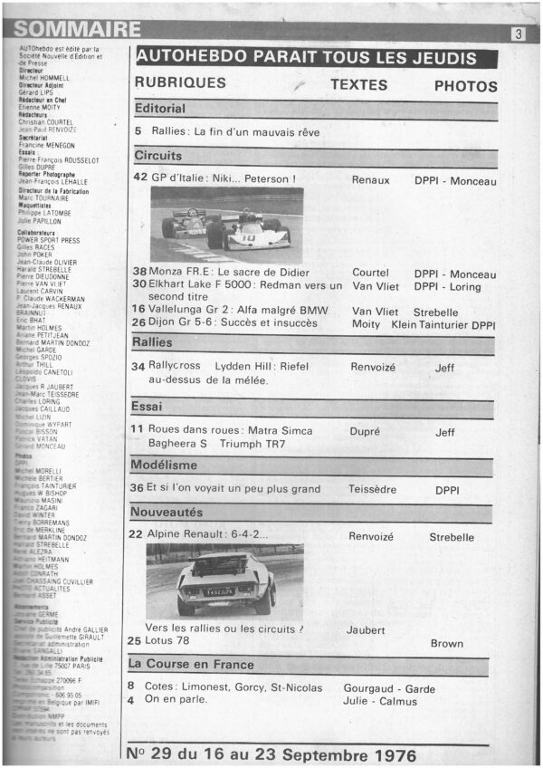 Auto hebdo N°29 16/09/1976 GP ITALIE A310 TRIUMPH TR7 – Image 2