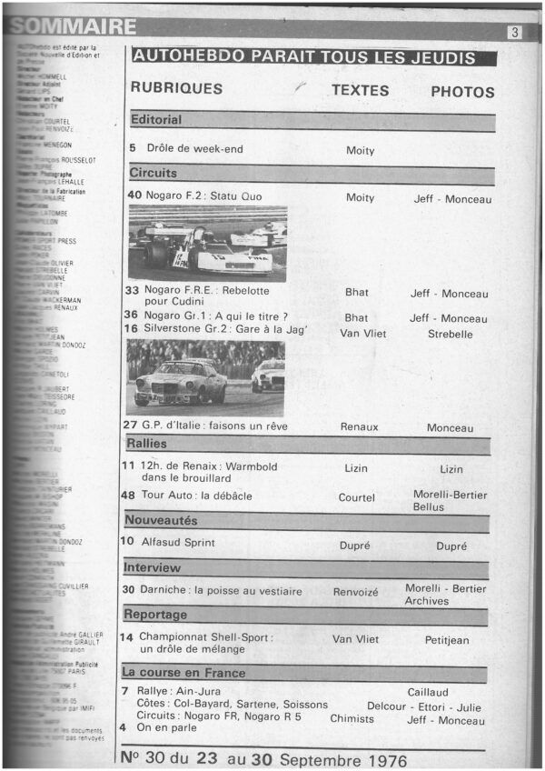 Auto hebdo N°30 23/09/1976 NOGARO F2 TOUR AUTO – Image 2