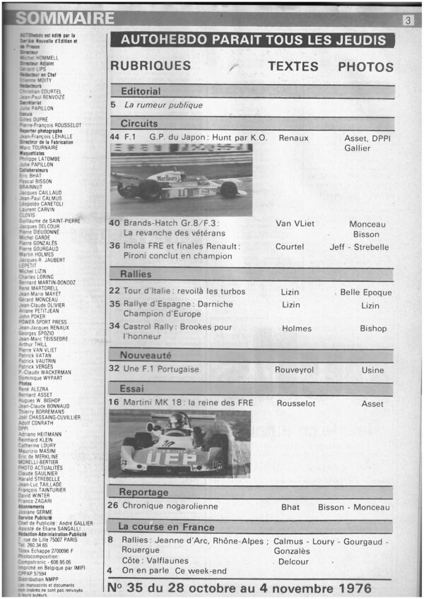 Auto hebdo N°35 1976 MARTINI MK 18 NOGARO RALLYE DARNICHE PIRONI F1 HUNT JAPON – Image 2