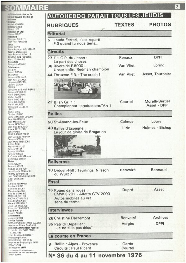 Auto hebdo N°36 1976 F3 ALFETTA GTV 2000 BMW 320i F1 JAPON F 5000 REDMAN RALLYE – Image 2