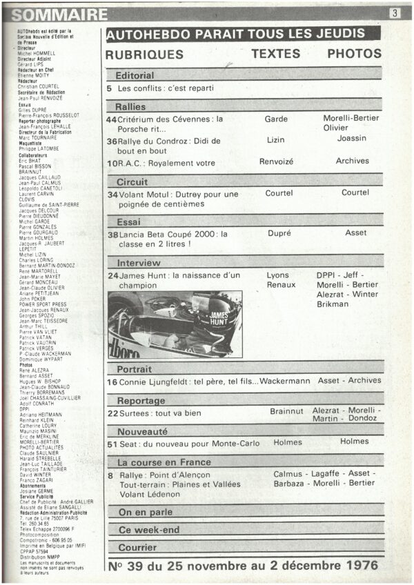 Auto hebdo N°39 25/11/1976 JAMES HUNT RAC RALLY LANCIA BETA 2000 CRITERIUM CEVEN – Image 2