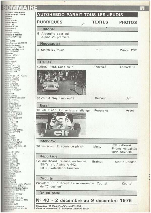 Auto hebdo N°40 02/12/1976 PESCAROLO LOLA T510 RAC RALLY – Image 2