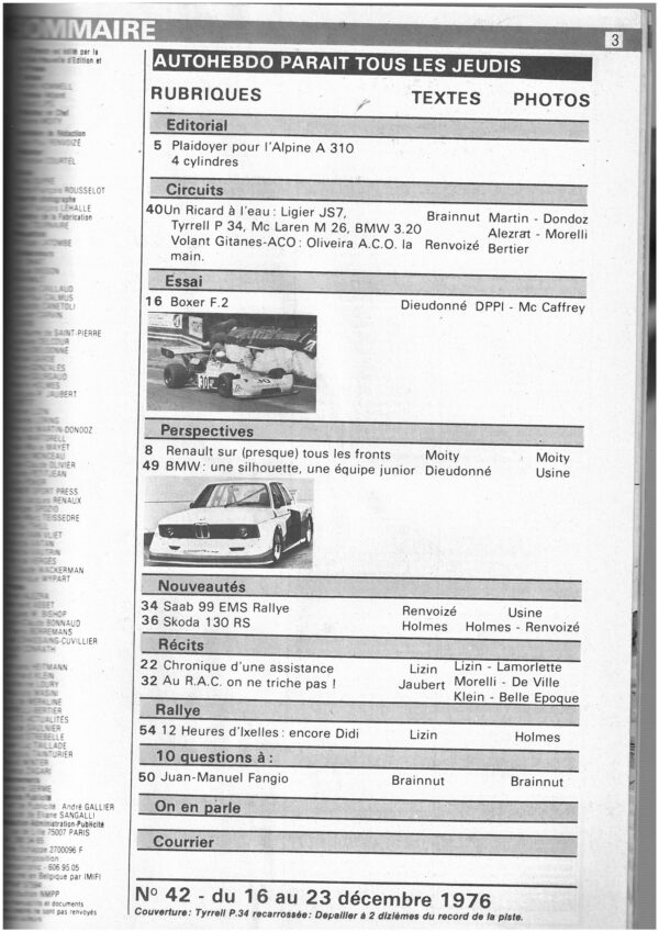 Auto hebdo N°42 1976 RENAULT BOXER F2 R.A.C. RALLYE VAUXHALL SAAB SKODA TYRRELL – Image 2