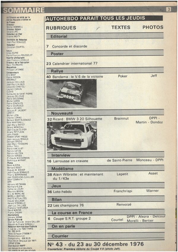 Auto Hebdo N°43 23/12/1976 BMW320 Gr5 BANDAMA – Image 2