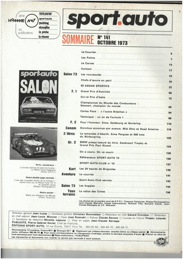 Sport Auto  N°141 10/1973 SALON GP HOLLANDE ITALIE F2 CANAM Gr6 2L KART 24H BRIGNOLES BUGGY – Image 5