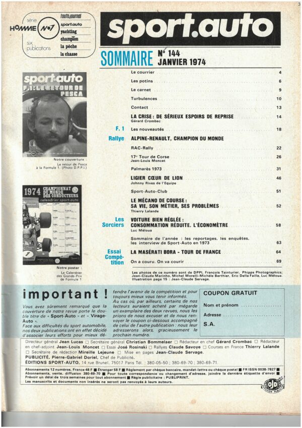 Sport Auto  N°144 JANVIER 1974 RALLYE WRC RAC CORSE ALPINE MASERATI BORA – Image 5