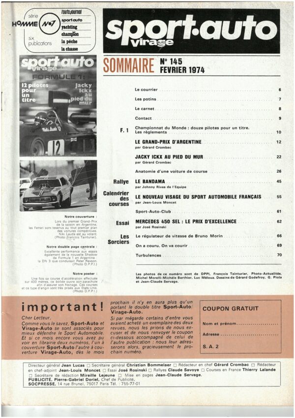 Sport Auto  N°145 Fev 1974 Jacky ICKX MERCEDES 450 SEL F1 RALLYE – Image 5