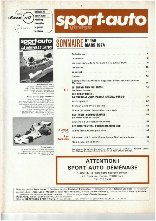 Sport Auto  N°146 MARS 1974 GP F1 BRESIL LOTUS HESKETH FORD 308 MATRA – Image 5