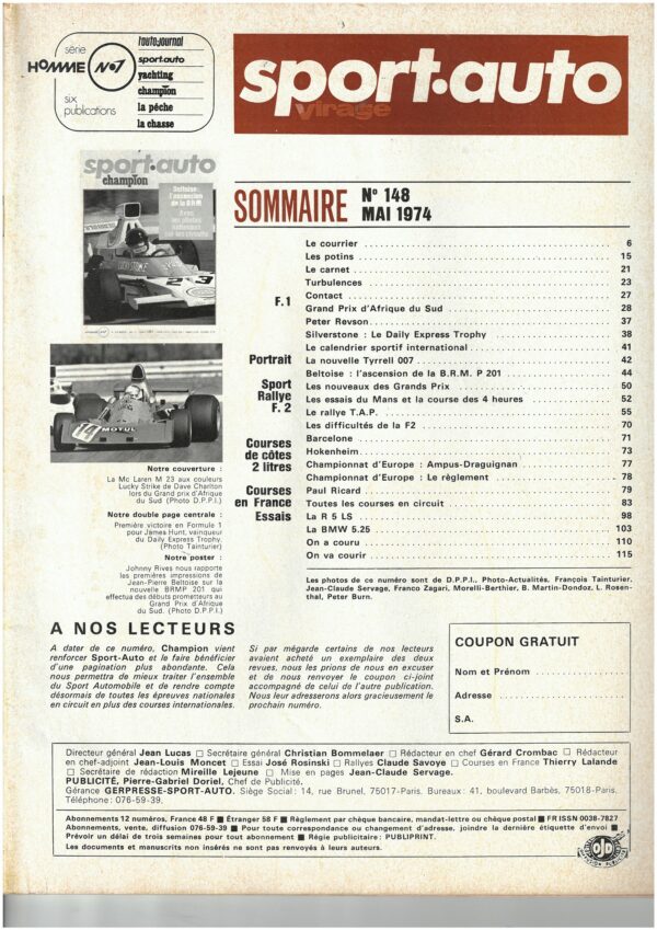 Sport Auto  N°147 AVRIL 1974 ESSAI MC LAREN INDY F1 MATRA RALLYES MATRA – Image 5