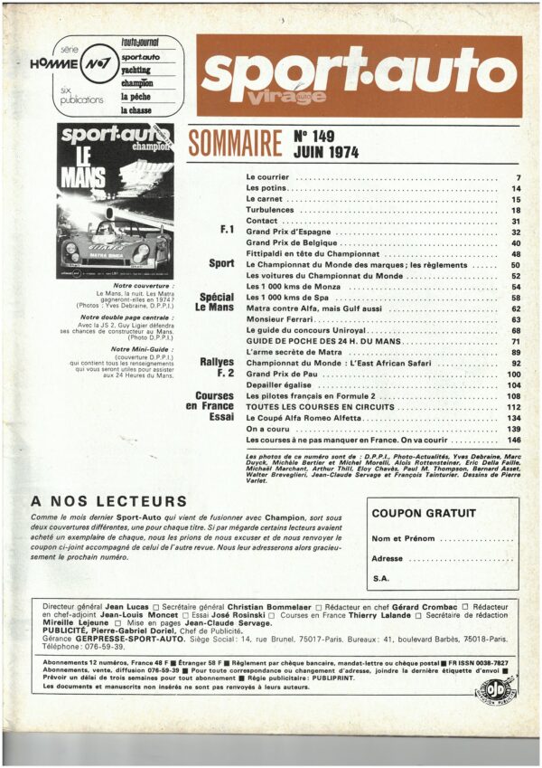 Sport Auto   N°149 JUIN 1974 GP ESPAGNE BELGIQUE 1000 KM MONZA SPA SAFARI – Image 5