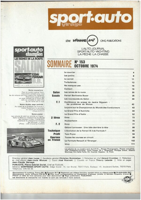 Sport Auto N°153 OCTOBRE 1974 FERRARI BOXER F1 AUTRICHE STEWART PRYCE – Image 5