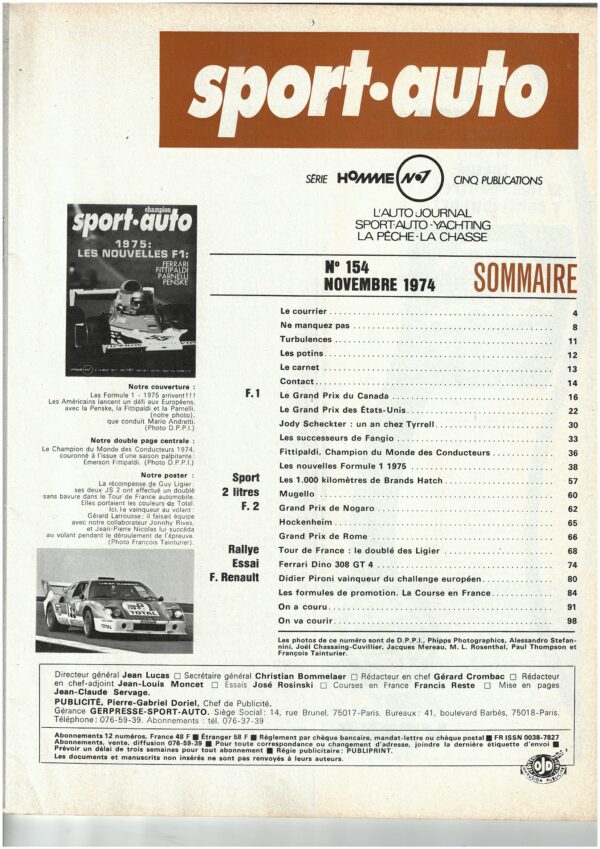 Sport Auto N°154 NOVEMBRE 1974 F1 CANADA TYRRELL LIGIER FERRARI BRANDS – Image 5