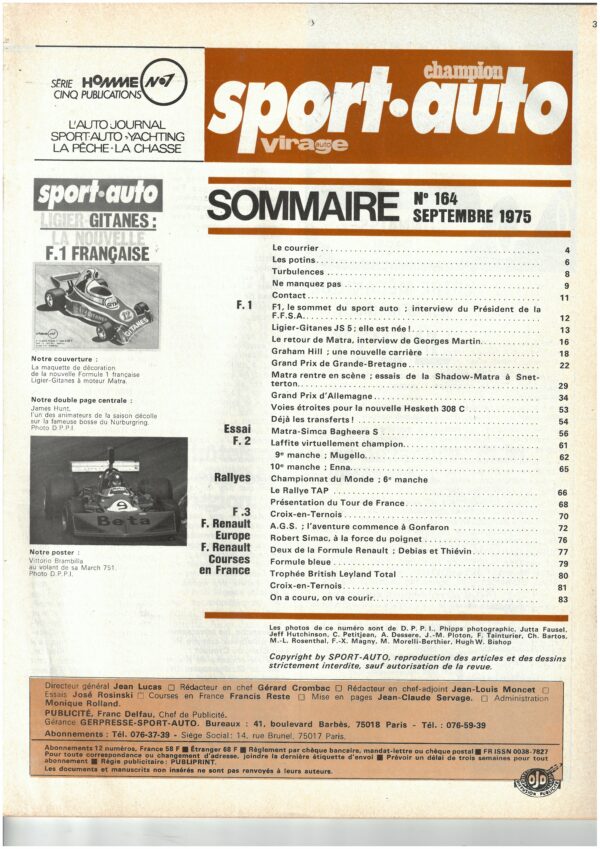 Sport Auto N°164 09/1975 avec encart et poster LIGIER F1 MATRA BAGHERRA S – Image 5