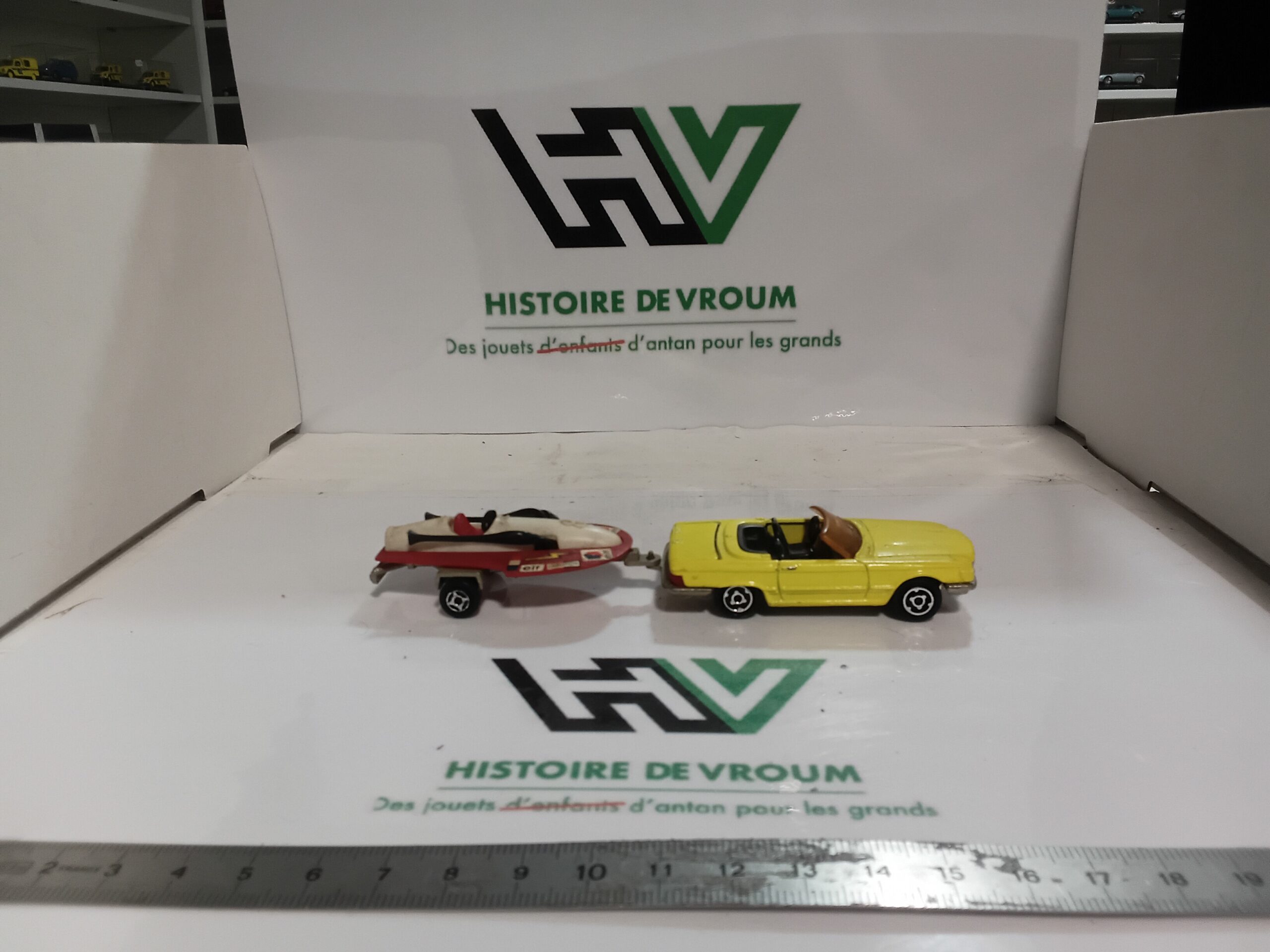 Attelage Vintage Majorette 200 - Mercedes 350 SL Jaune & Remorque Canot Elf 100% Complet