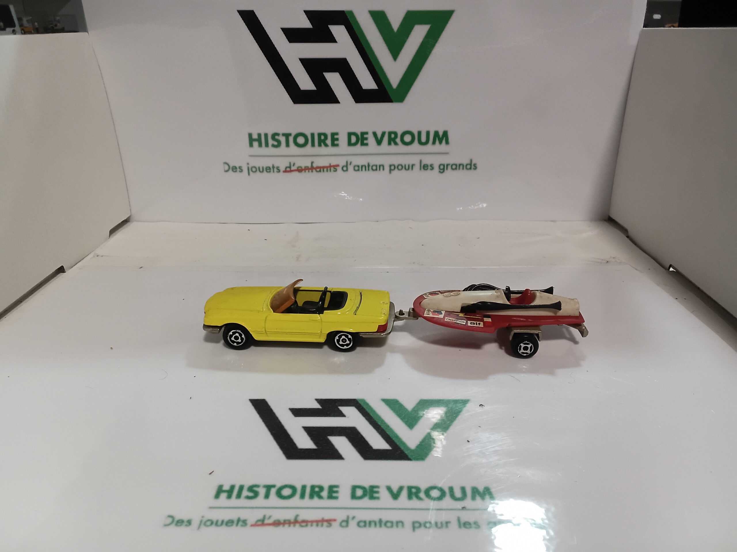 Attelage Vintage Majorette 200 - Mercedes 350 SL Jaune & Remorque Canot Elf 100% Complet – Image 6