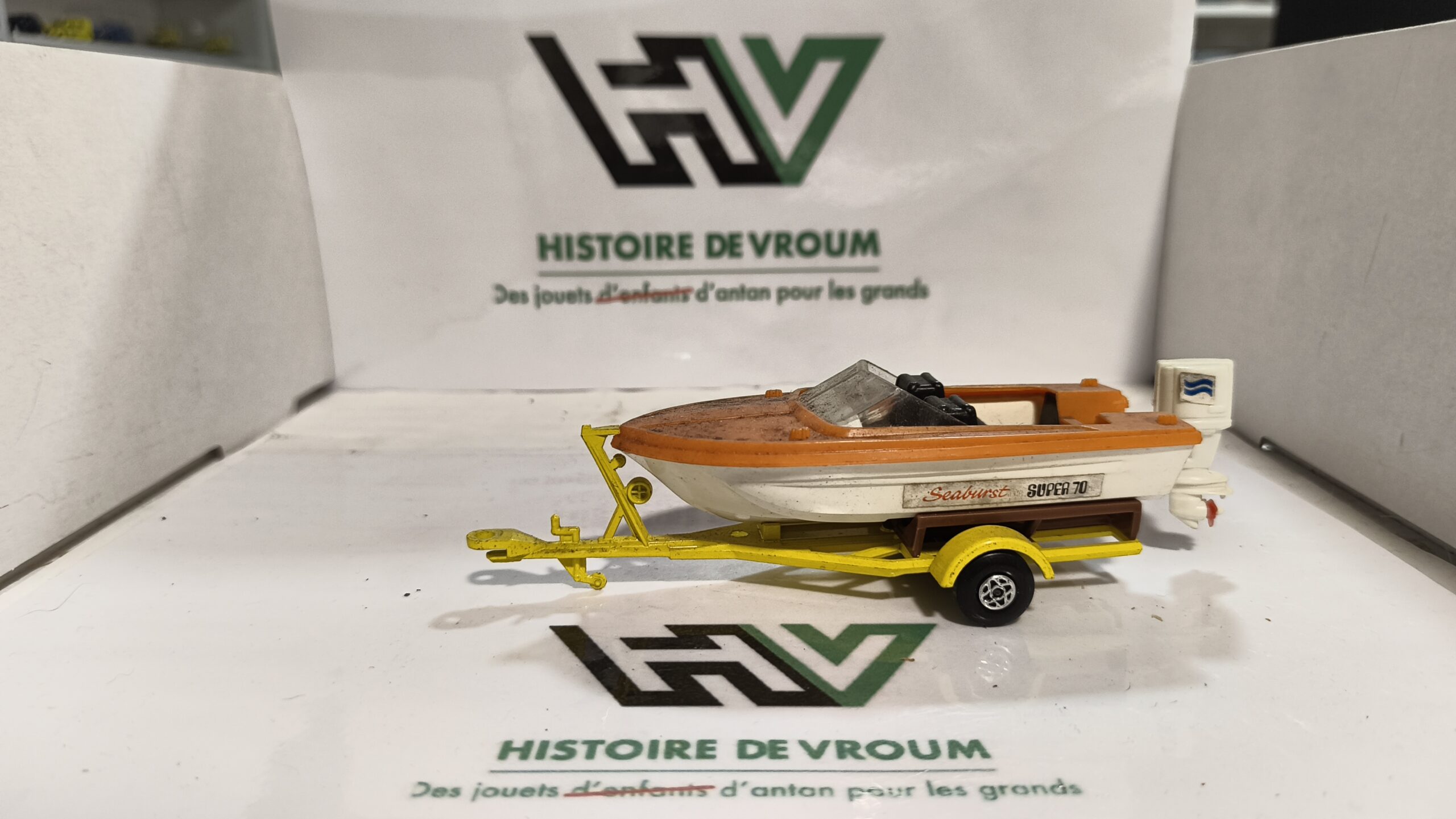 Matchbox Lesney King Size / Speed Kings Remorque Porte-Bateau Jaune + bateau – Made in England – Vintage (Copie)